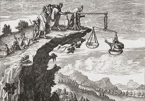 Neobvyklá metoda vymáhání přiznání od zločinců podle kresby Theodora de Bry ze 16. století. Scéna ukazuje zločince, jak sedí na vahách nespravedlnosti, zatímco kněz se sklání nad propastí a je připraven přijmout zpověď. Presumabl od English School