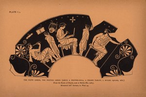 Vzdělání ve starověkém Řecku: (litografie): lekce hry na flétnu, lekce psaní, nad psacím válcem, přeloženou tabulkou, vládnoucím čtvercem, ... od English School