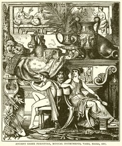 Starověký řecký nábytek, hudební nástroje, vázy, masky atd. (rytina) od English School