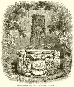 Starověký Idol a oltář v Copan, Guatemala od English School