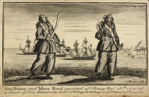 "Ann Bonny a Mary Read odsouzeny za pirátství 28. listopadu 1720 u soudu viceadmirality v St. Jago de la Vega na ostrově Jamajka" od English School
