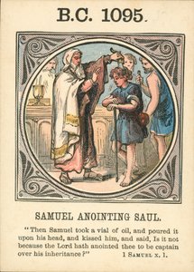 Anno Mundi: Samuel pomazává Saula (barevná litografie). od English School