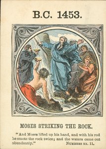 Anno Mundi: Mundi: 1453 př. n. l., Mojžíš udeřil do skály (barevná litografie) od English School