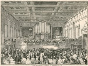 Setkání proti otroctví v Exeter Hall, Strand, Londýn (rytina) od English School