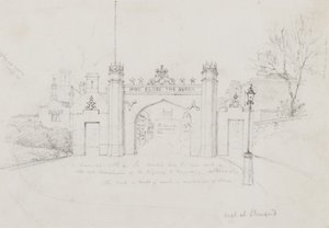 Arch ve Stamfordu, postavený na přivítání královny Viktorie a prince Alberta na cestě do Burghley House (tužka na papíře) od English School