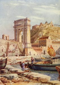 Trajanův oblouk a přístav Ancona, Itálie (barevné lito) od English School