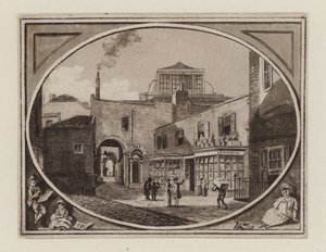 Archibald Roberton, prodejce tisků, ze Savill Row Passage, přilehlé aukční síně Squibs, kolem roku 1790 od English School