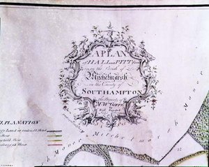 Archiv 5629 Popisná kartuše z mapy „Plán Hallových a Pittových farem ve farnosti Mitchelmarsh v hrabství Southampton, majetek pana W. Goffea, Richard Randall, Land Surveyor“ od English School