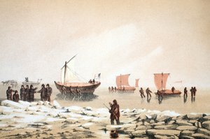 Arctic Travelling, ilustrace z Voyage to Baffins Bay a Barrow Straits..., 1852 (ručně kolorovaná rytina)