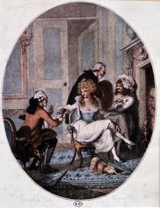 Aristokratka a lék ve společnosti prostitutek - anglická rytina od English School