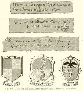 Paže a monogramy tří slavných cremonských houslařů od English School