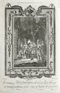 Zatčení Guye Fawkese za pokus vyhodit do povětří budovy parlamentu v spiknutí střelného prachu, 5. listopadu 1605 (rytina) od English School
