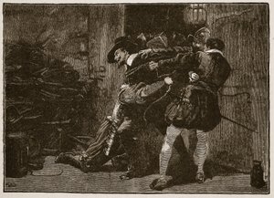 Zatčení Guye Fawkese, ilustrace z Cassells Illustrated History of England (sépiová fotografie) od English School