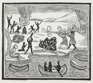 Arrival of Savages with Christian Prisoner, ilustrace z Chap-books of the Eighteenth Century od Johna Ashtona, hospoda. 1882 od English School