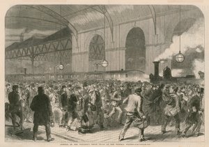 Příjezd vlaku s dělnickými penny na nádraží Victoria Station od English School