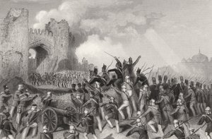 Útok na Dillí a dobytí brány Kašmíru 14. září 1857 z „Historie indické vzpoury“ vydané v roce 1858 od English School