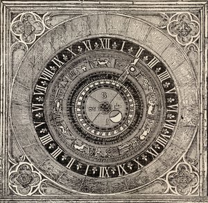 Orloj v paláci Hampton Court, z Historie paláce Hampton Court v Tudor Times od Ernesta Lawa, publikoval Londýn 1885 od English School