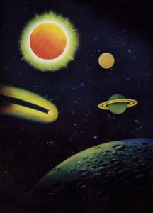 Astronomické objekty: Slunce, ukazující svou korónu; planety Mars a Saturn; Coggia kometa; povrch Měsíce (barva litho) od English School