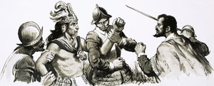 Atahualpa, bůh-král Inků, se přátelsky setkal s invazními Španěly od English School