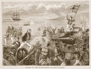 Attack of the Blue-jackets on Port Jacotel, ilustrace z Cassells Illustrated History of India od Jamese Granta, pub. 1879 od English School