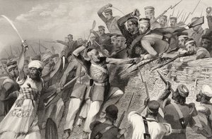 Útok vzbouřenců na baterii Redan v Luknově, 30. července 1857, z knihy "The History of the Indian Mutiny", vydané v roce 1858. od English School