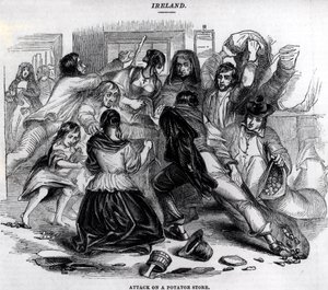 Útok na obchod s bramborami v Irsku, kolem roku 1845 od English School