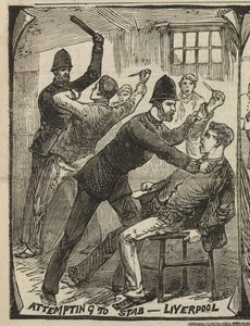 Pokus o bodnutí – Liverpool, z „Illustrated Police News“, 27. září 1884 (rytina) od English School