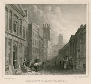 Aukční trh, St Bartholomews Lane, Londýn a Banka od English School