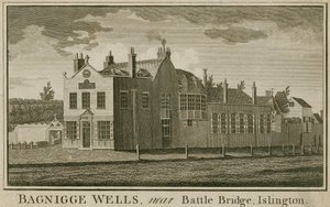 Bagnigge Wells, poblíž Battle Bridge, Islington, Londýn od English School
