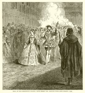 Ples ve Starém Greenwichském paláci. Tančící král Jindřich VIII s Annou Boleynovou, 1527 od English School
