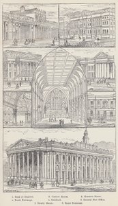 Bank of England, Custom House, Mansion House, Stock Exchange, Guildhall, General Post Office, Trinity House, Royal Exchange (rytina) od English School