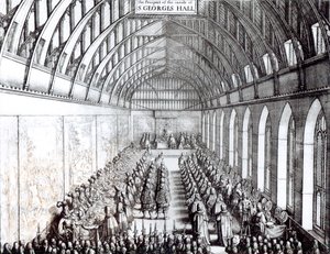 Banket Karla II. (1630-85) v sále svatého Jiří, hrad Windsor od English School