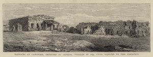 Kasárna v Cawnpore, bráněná generálem Wheelerem v roce 1857, dokud nebyla zredukována na tento stav (rytina) od English School