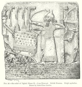 Bas-reliéf Tiglatha Pilesera II.; z Nimroudu. Britské muzeum (rytina) od English School