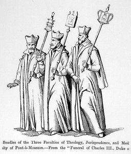 Beadles ze tří teologických, právnických a lékařských fakult, z Pohřeb Karla III. (1543-1608) vévody z Lorraine, ilustrace z Vědy a literatury ve středověku a v roce od English School