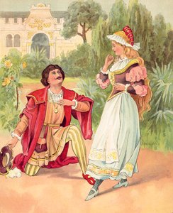 Kráska a zvíře, zde proměněná v krásného prince (barevná litografie) od English School