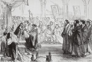 Beza představuje Vyznání francouzské protestantské církve králi na kolokviu v Poissy, ilustrace z Historie protestantismu od Jamese Aitkena Wylie (1808-1890), hospoda. 1878 (angl od English School