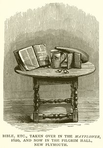 Bible atd., převzaté v Mayflower, 1620, a nyní v Pilgrim Hall, New Plymouth od English School