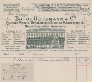 Bill od Oetzmann & Co, truhlářů, čalouníků, výrobců lůžkovin a bytových doplňků od English School