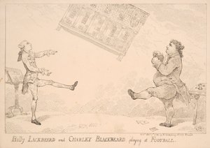 Billy Černovous a Charley Černovous hrají fotbal, satirická karikatura odkazující na Východoindický zákon, vydal W. Humphrey, 1744 od English School