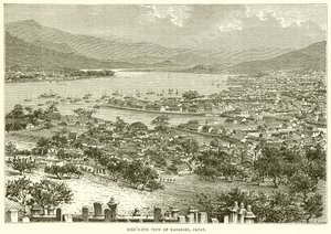 Pohled z ptačí perspektivy na Nagasaki, Japonsko od English School