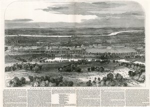 Pohled z ptačí perspektivy na Crystal Palace a okolní zemi, Velká výstava, 1851 od English School