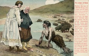 Bladud, legendární král Britů, který údajně založil město Bath (barva litho) od English School