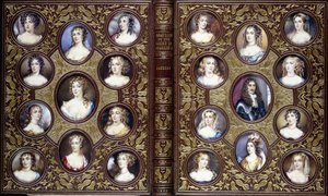 Obálka knihy s dvaadvaceti portrétními miniaturami Karla II. a krásných žen jeho dvora, 1833 od English School