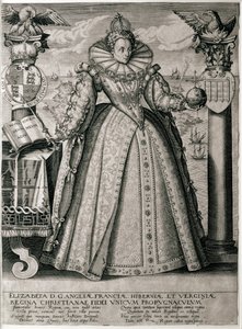 Knižní frontispis oslavující královnu Alžbětu je šťastná a prosperující vláda, 1596 od English School