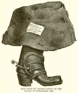 Boty nošené kapitánem Lenchem v bitvě u Worcesteru, 1651