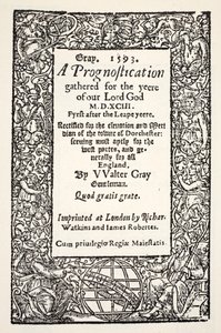 Hranice se zeměkoulí na úpatí, Prognostika od Waltera Graye, vytištěná Watkinsem a Robertsem, 1593 od English School
