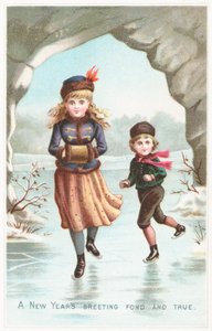 Chlapec a dívka bruslení, novoroční přání od English School