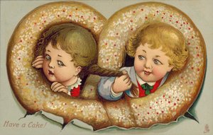 Chlapec a dívka propletení v dortu (barevná litografie) od English School