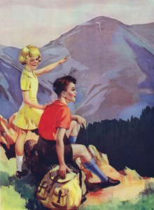 Chlapec a dívka turistika v horách (barva litho) od English School